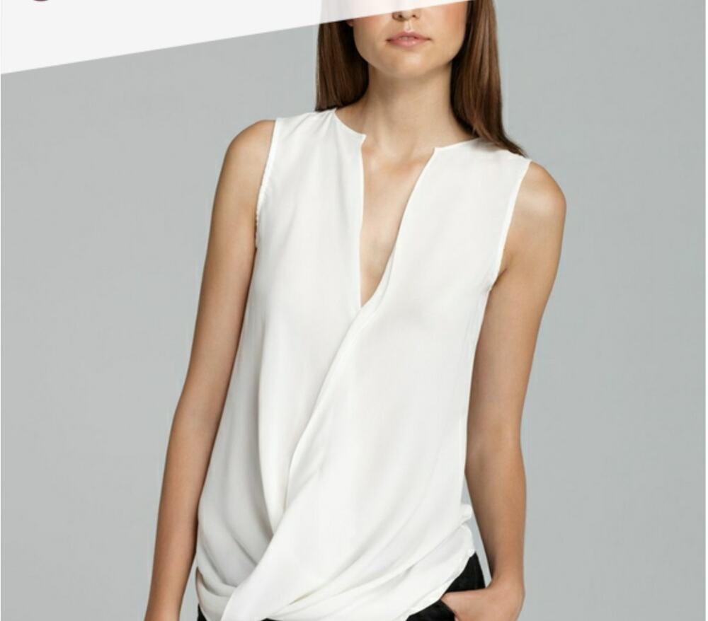 THEORY White Parlier Sleeveless Blouse Mixed Media Cotton Silk Twist Front Top S